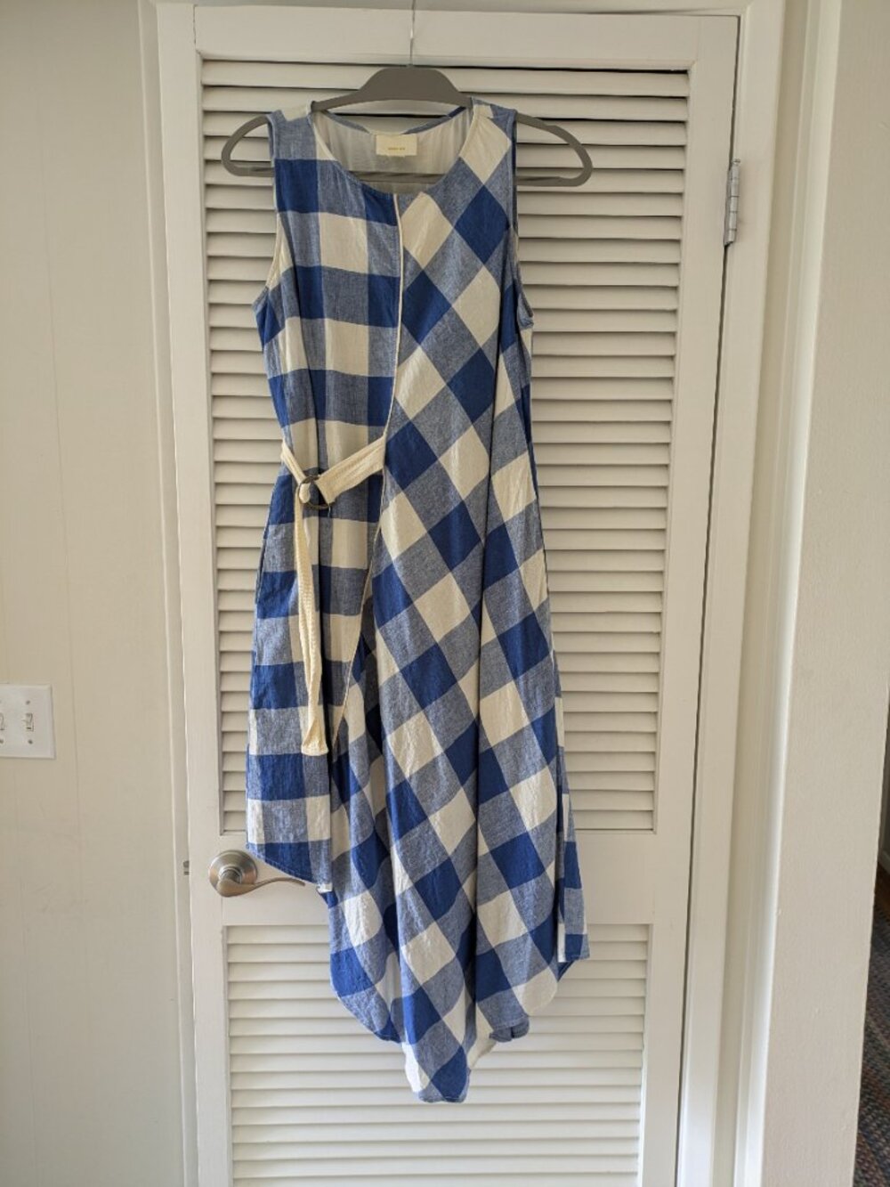 Anthropologie Maeve Belted Gingham Blue White Check Asymmetrical Dress, Size Med - Picture 2 of 10